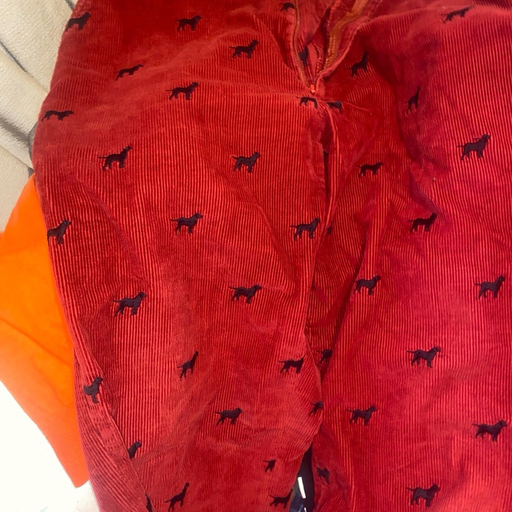 Orvis Red Cordarouy Pants with black dog embroidered 36w 32l